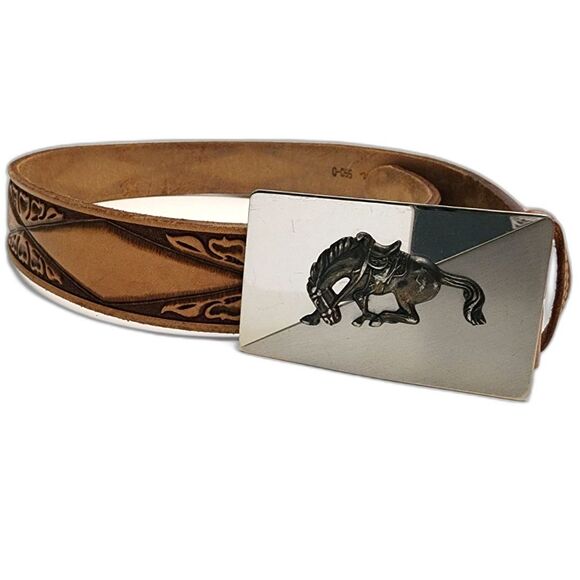 Looper Embossed Leather Belt w/ Bucking Bronco Nickel Silver Buckle 34\